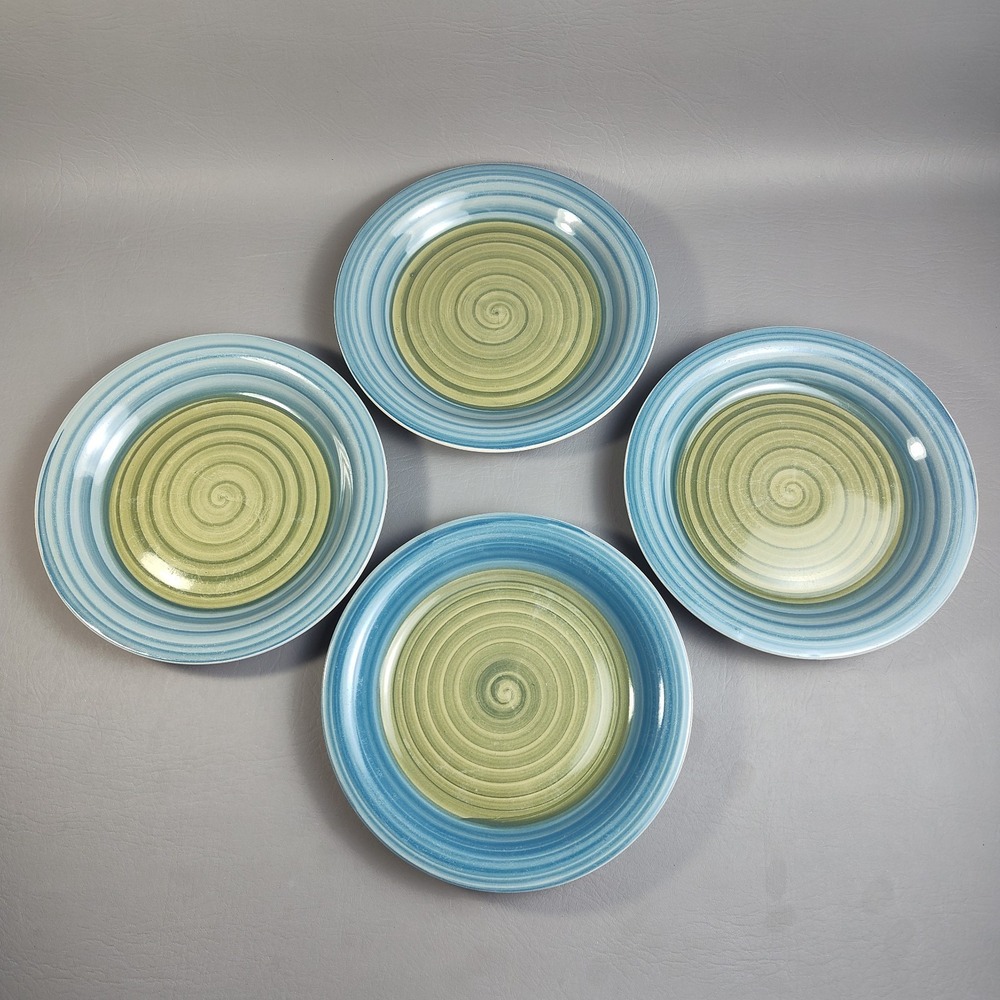 Pier 1 Valencia Blue Green Swirl‎ Salad Plates 7.5" Set/4 Handpainted Stoneware